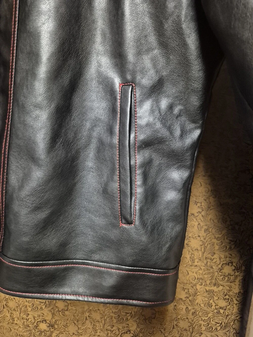 True Religion Black Leather Bomber Jacket with Red Stitching